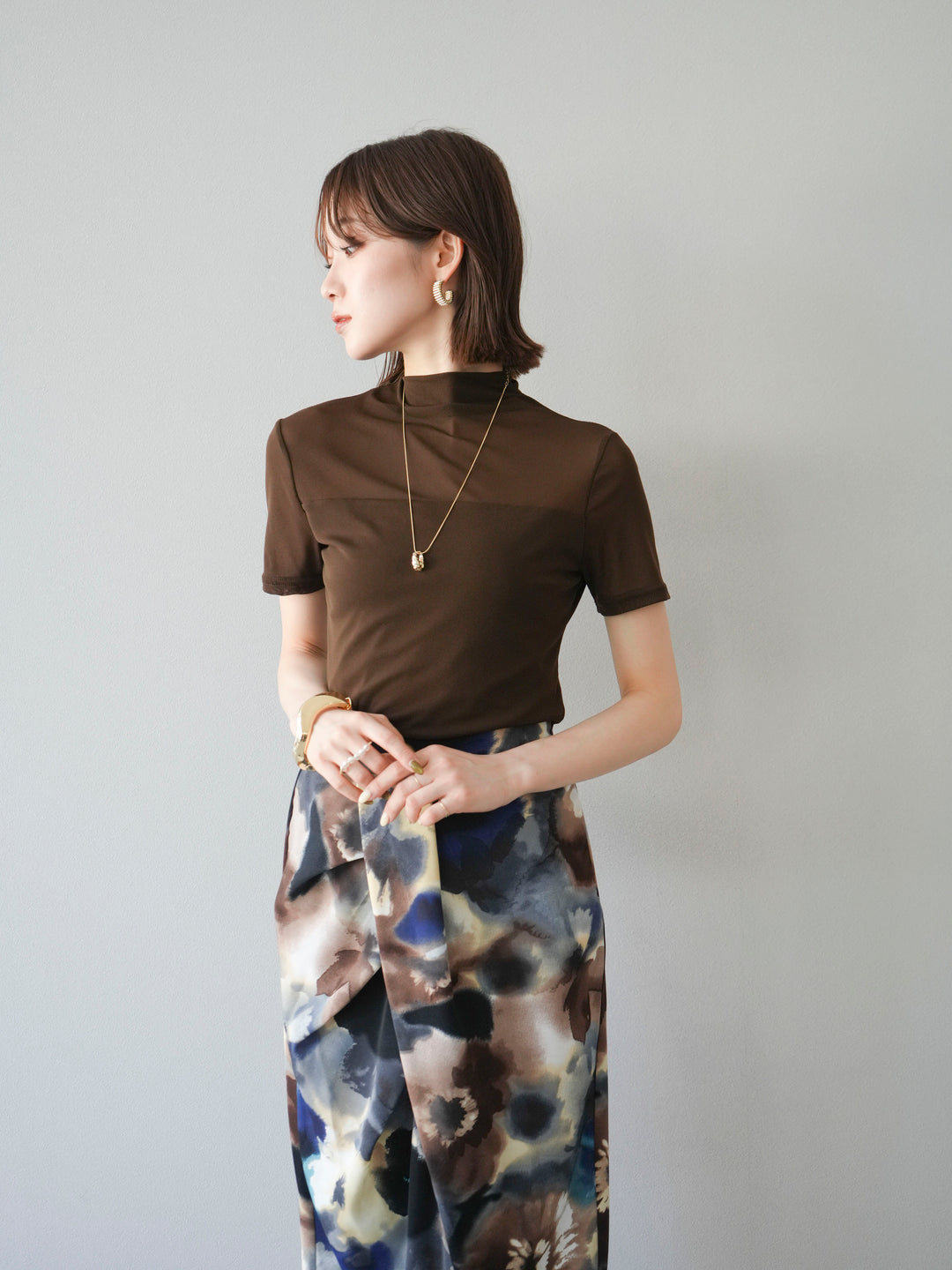 [SET] 透視半袖上衣 + 水彩印花褶襉I字裙 (2set)