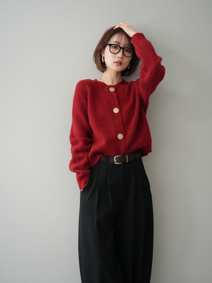 [SET]BIGボタンニットカーディガン+アニマル柄ベルト付きウールタッチワイドパンツ(2set)