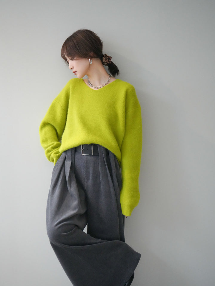 [SET]シュシュ付きアンゴラタッチVネックニットプルオーバー+ベルトデザインループコールテンワイドパンツ(ベルト付き)(2set)