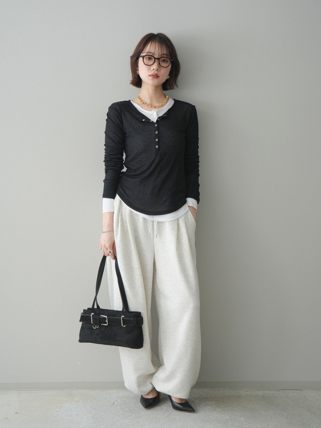 [予約]シアーリブヘンリーネックロンT/black