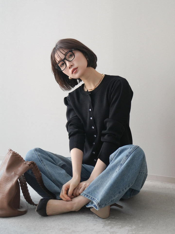 [予約]クリアボタンタックニットカーディガン/black