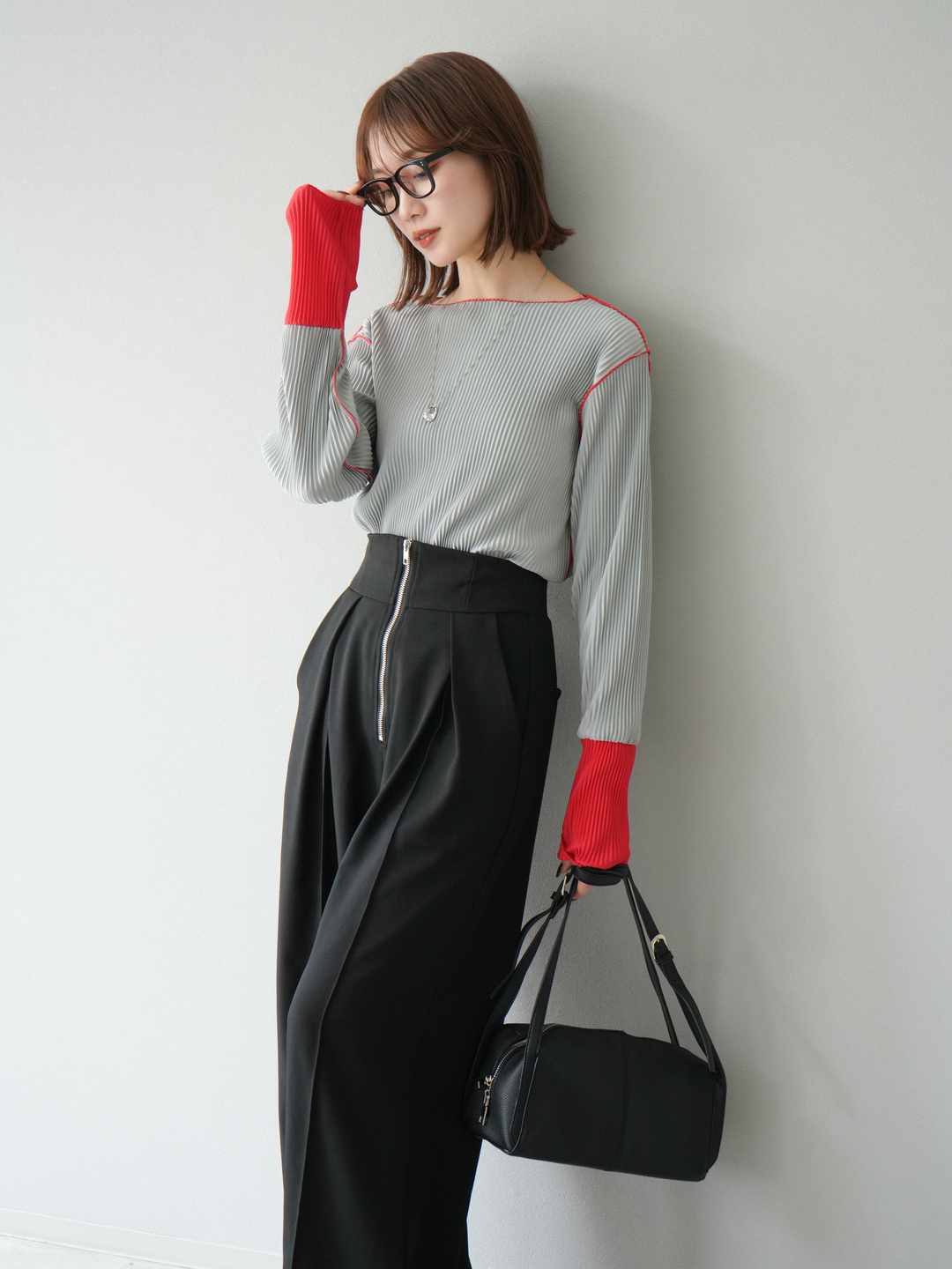 [予約]バイカラープリーツトップス/グレー