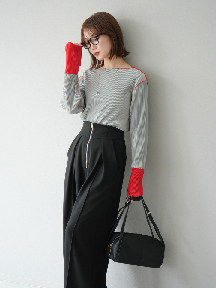 [予約]バイカラープリーツトップス/グレー