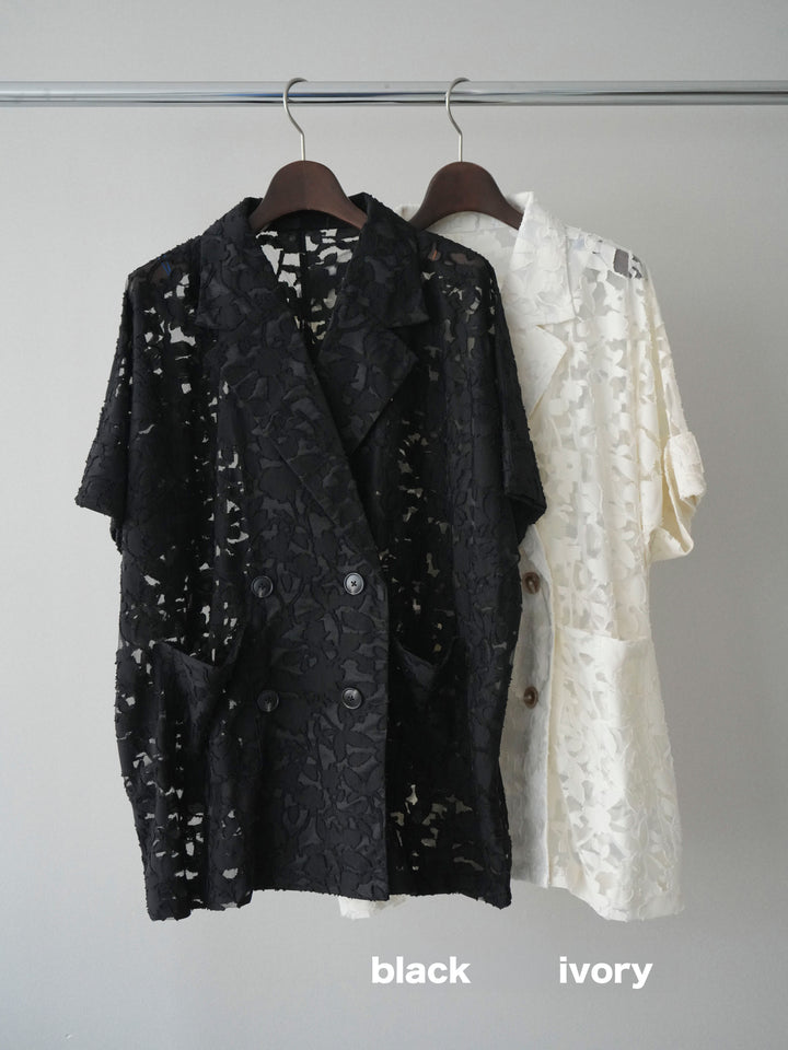 【套裝】花朵蕾絲短袖外套+垂褶收腰帶環長褲（兩件套）