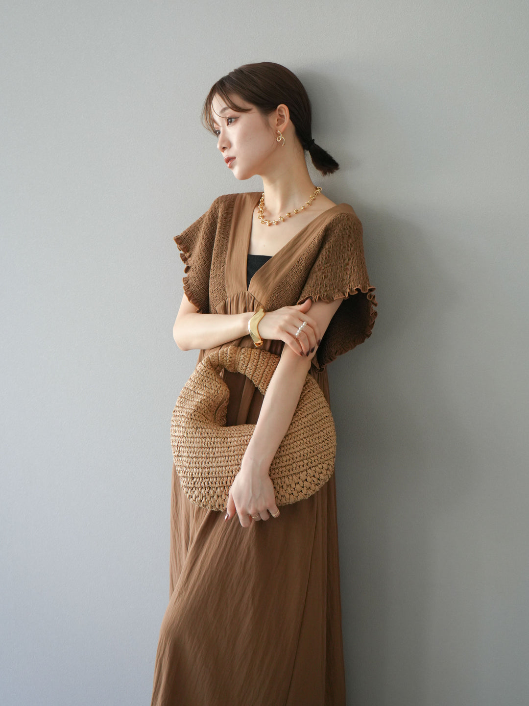 [SET] 褶皺V領連身裙 + 褶皺V領連身裙 (2件套)