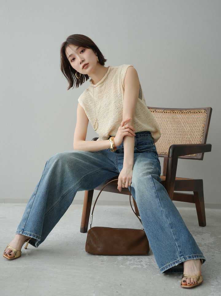 【套裝】無袖亞麻質感透視針織套頭衫 + 不對稱闊腿牛仔褲（兩件套）