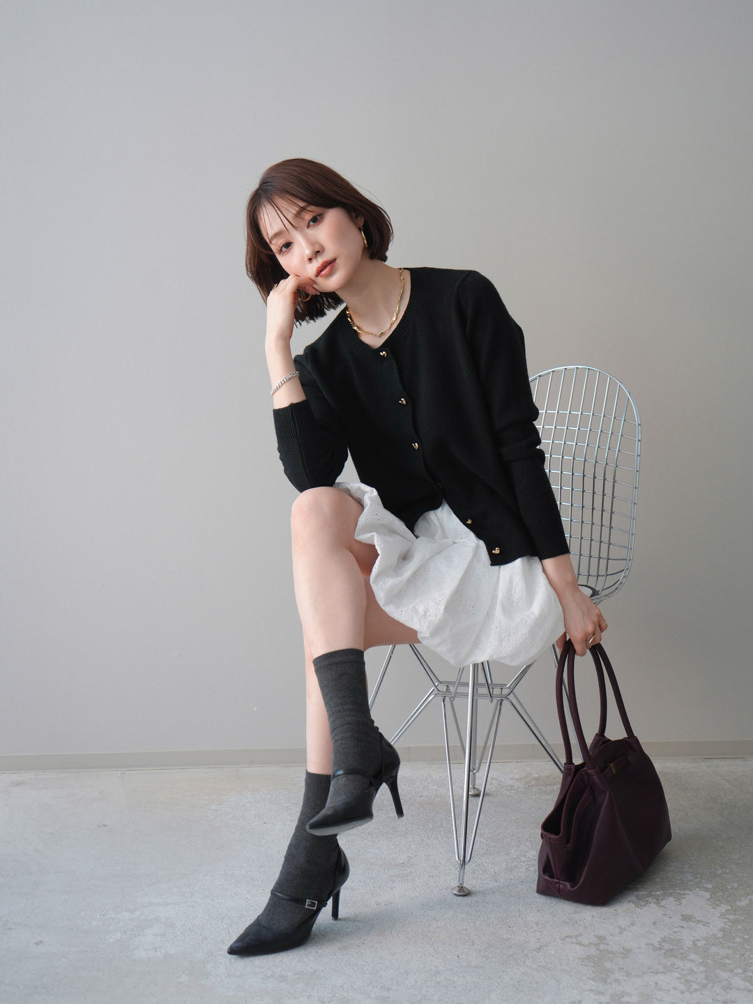 [予約]ハートボタンニットカーディガン/black