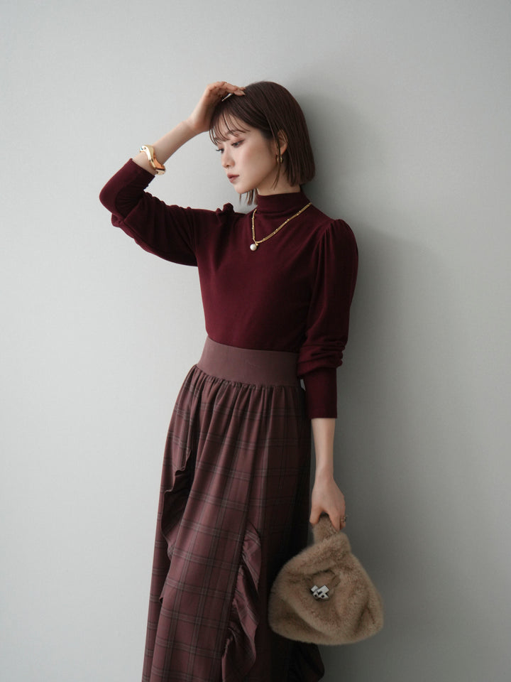 [SET]プチネックパワーショルダー起毛トップス+チェック柄フリルハイウエストマキシスカート(2set)