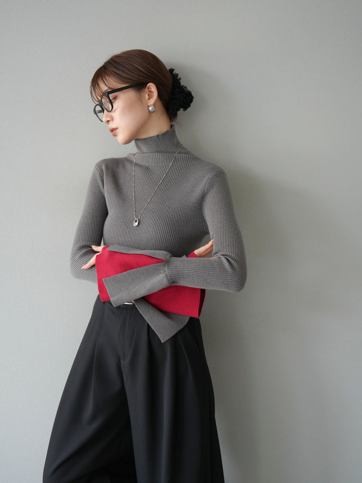 [SET] 疊層喇叭袖高領針織上衣 + 雙褶寬褲 (2 套)