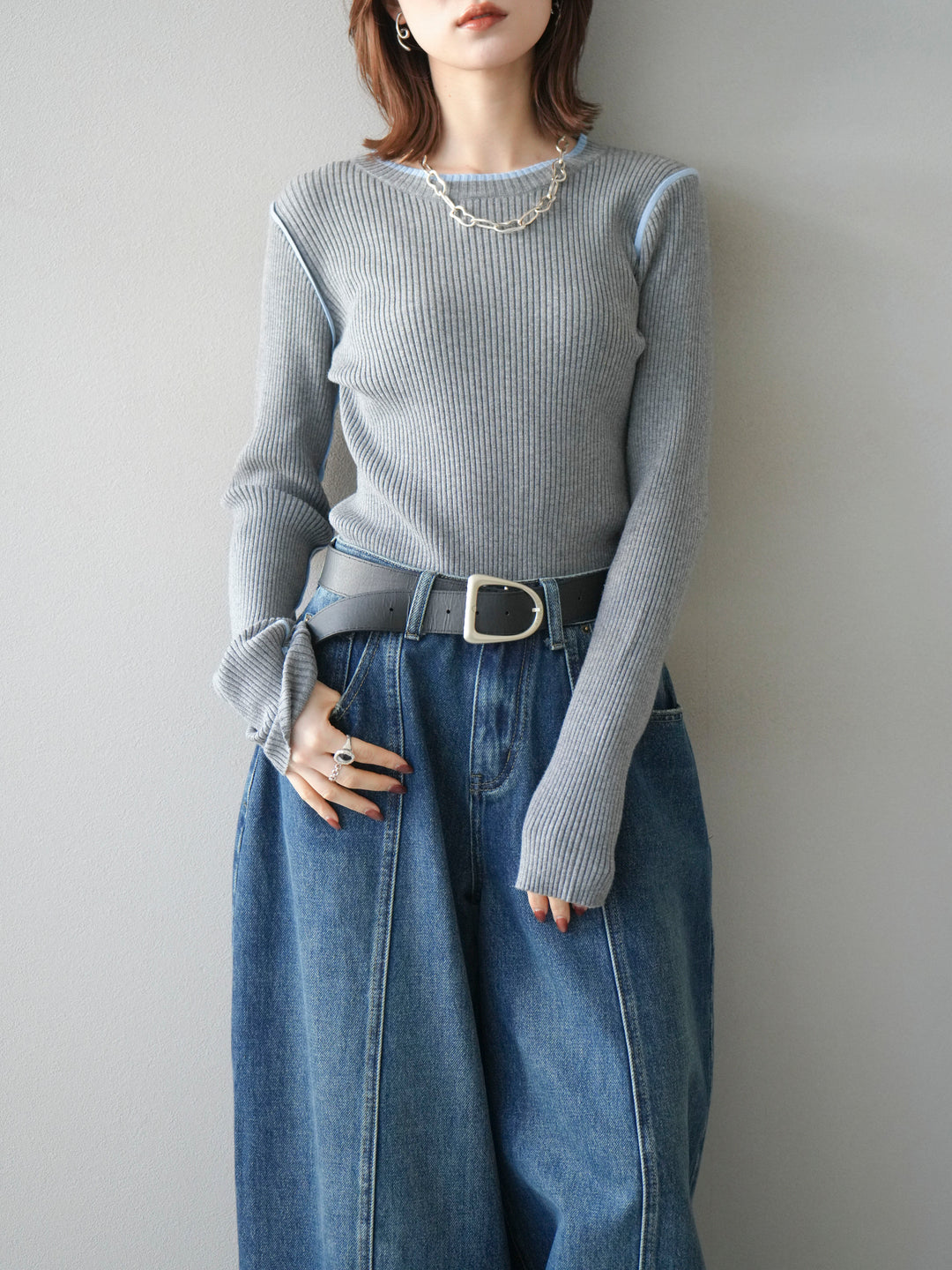 [予約]バイカラークルーネックリブニットトップス/gray