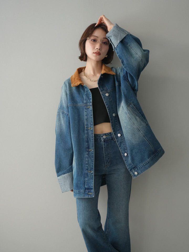 [SET]コーデュロイ×デニムミドルジャケット+フレアデニムパンツ(2set)