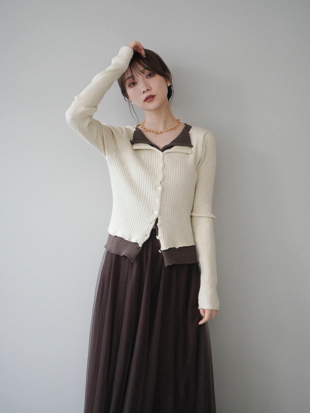 [予約]配色レイヤードリブニットカーディガン/ivory