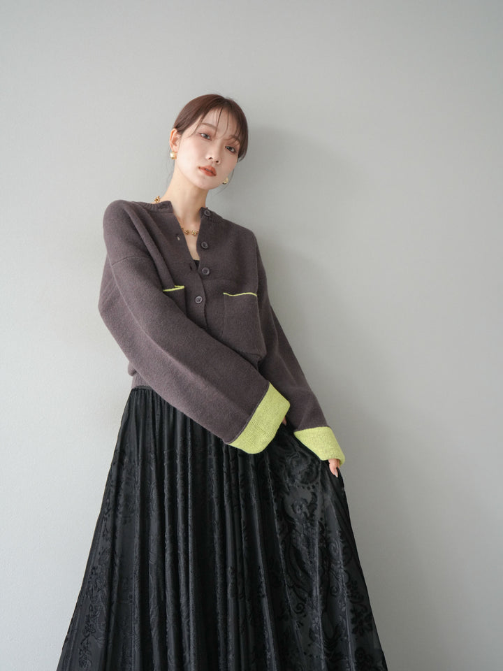 [SET]バイカラーオーバーニットカーディガン+アンティーク柄フロッキーマキシスカート(2set)