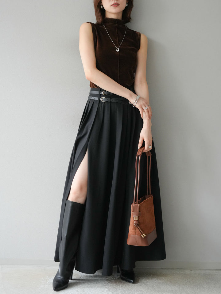 [SET]シアーベロアプチネックノースリーブトップス+エステルプリーツスリットスカート(2set)