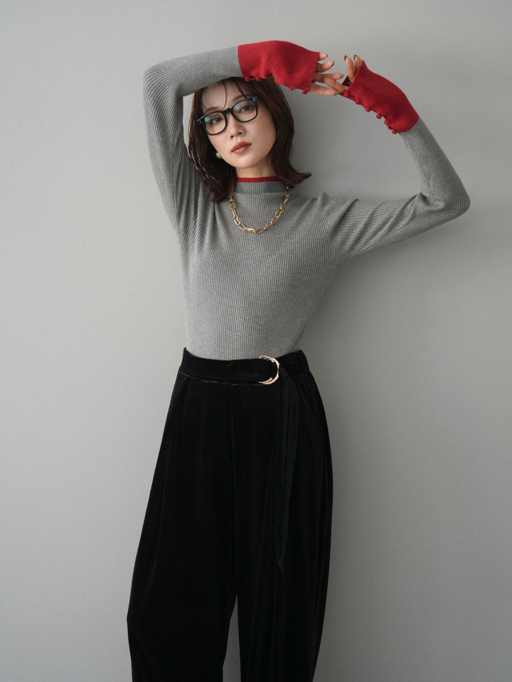 [予約]袖ボタンハイネック配色リブニットトップス/gray