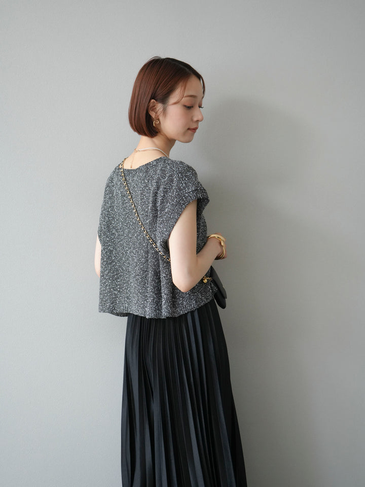 [SET]ネップヤーンクロップドニットベスト+サテンプリーツマキシスカート(2set)