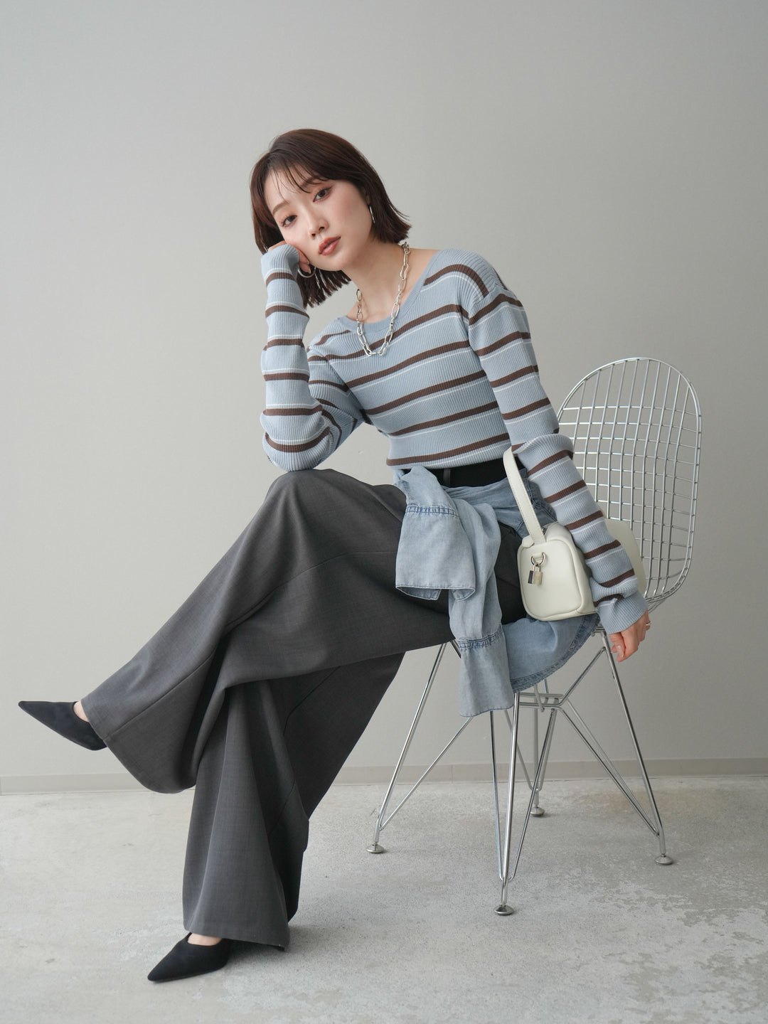 [予約]バックオープンテレコリブマルチボーダートップス/blue