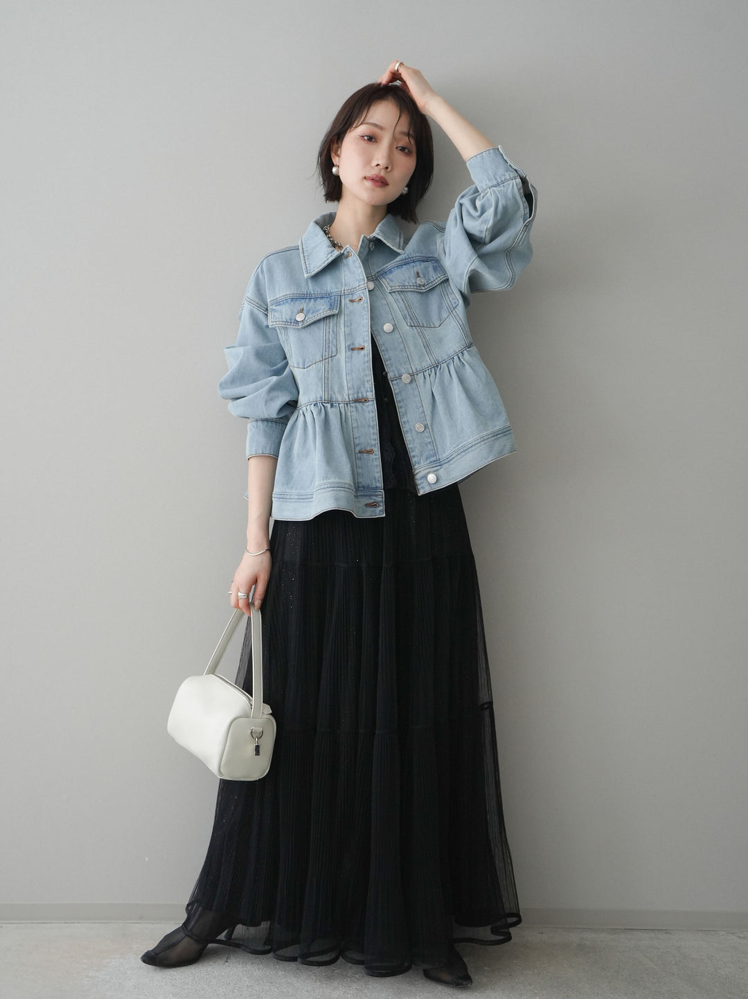 [予約]ラメプリーツレイヤードチュールロングスカート/black