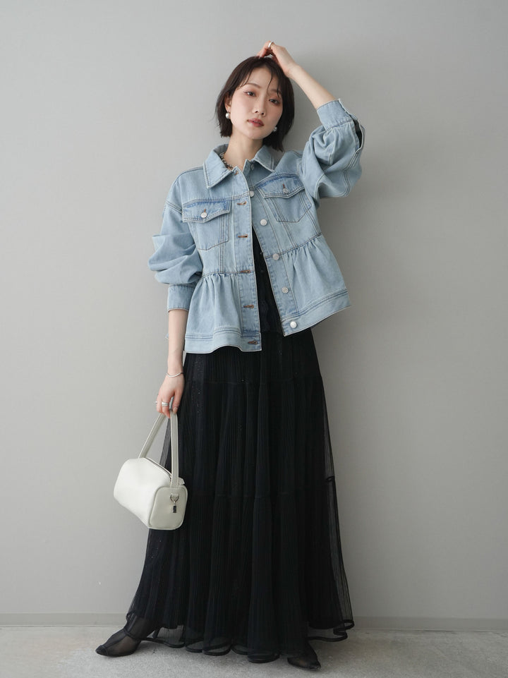 [予約]ラメプリーツレイヤードチュールロングスカート/black