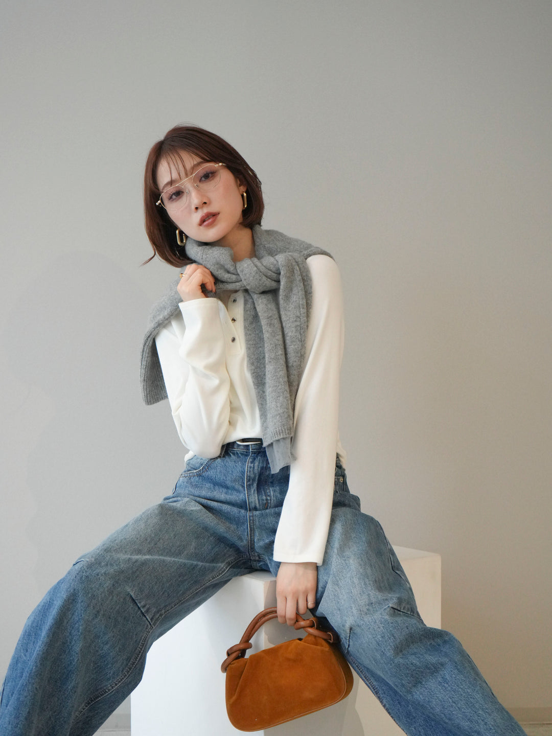 [予約]チュールレイヤードヘンリーネックカットソー/ivory