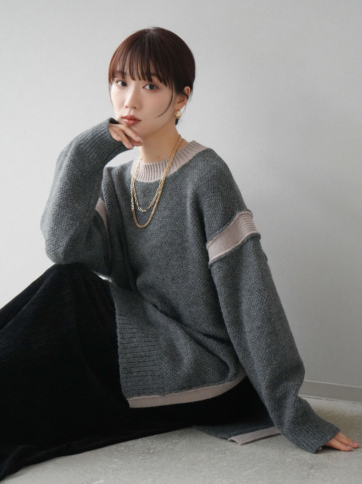 【預訂】側開衩拼色針織套頭衫/炭灰