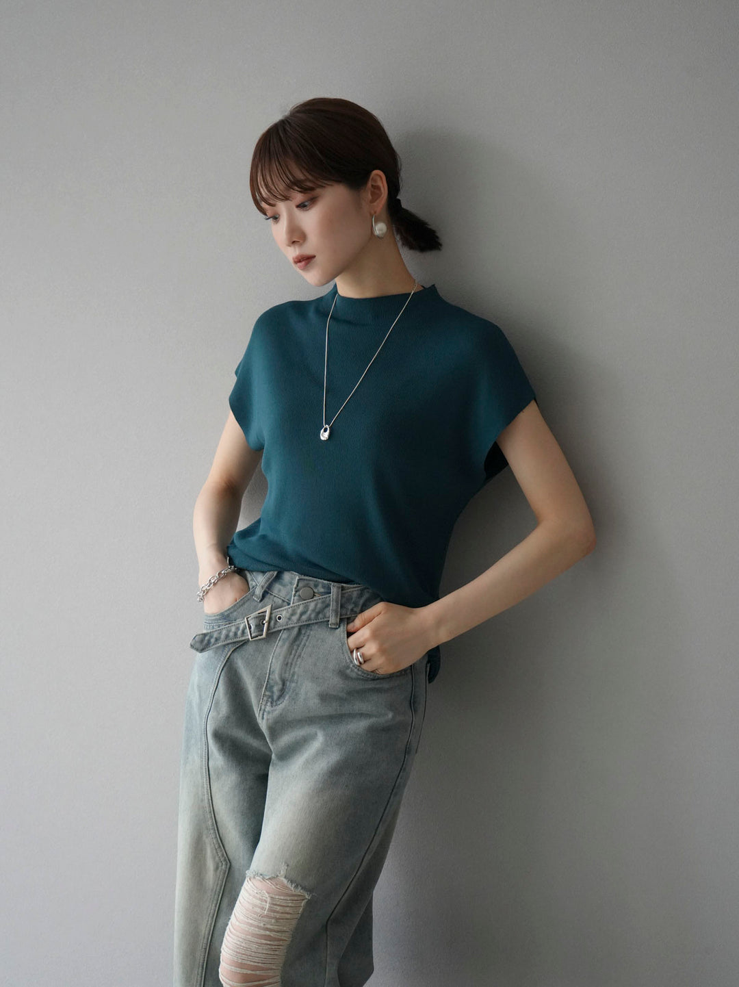 [Pre-order] Petite Neck Side Shirring Summer Knit Top/Blue