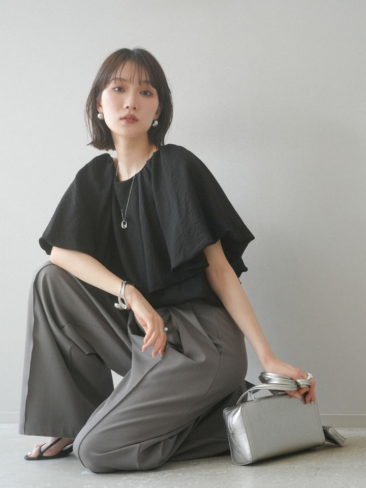 [SET] 燈籠袖褶襉設計上衣 + 拉鍊褶襉寬褲 (2 套)