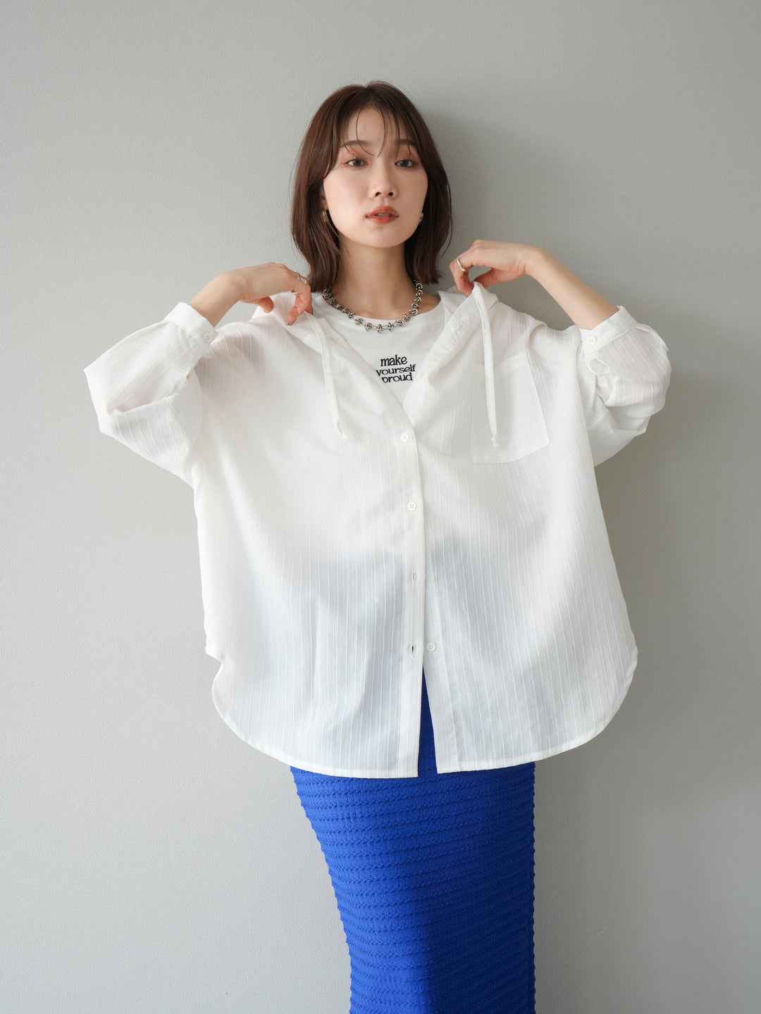 [予約]ワッシャーストライプフーディーシャツ/オフ