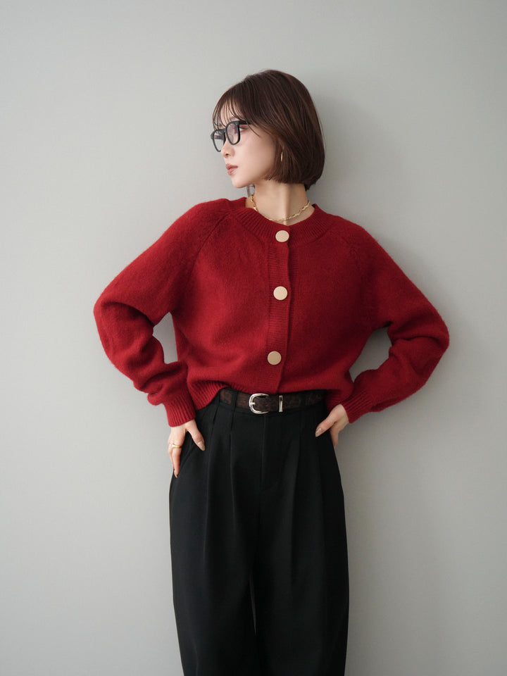 [SET]BIGボタンニットカーディガン+アニマル柄ベルト付きウールタッチワイドパンツ(2set)