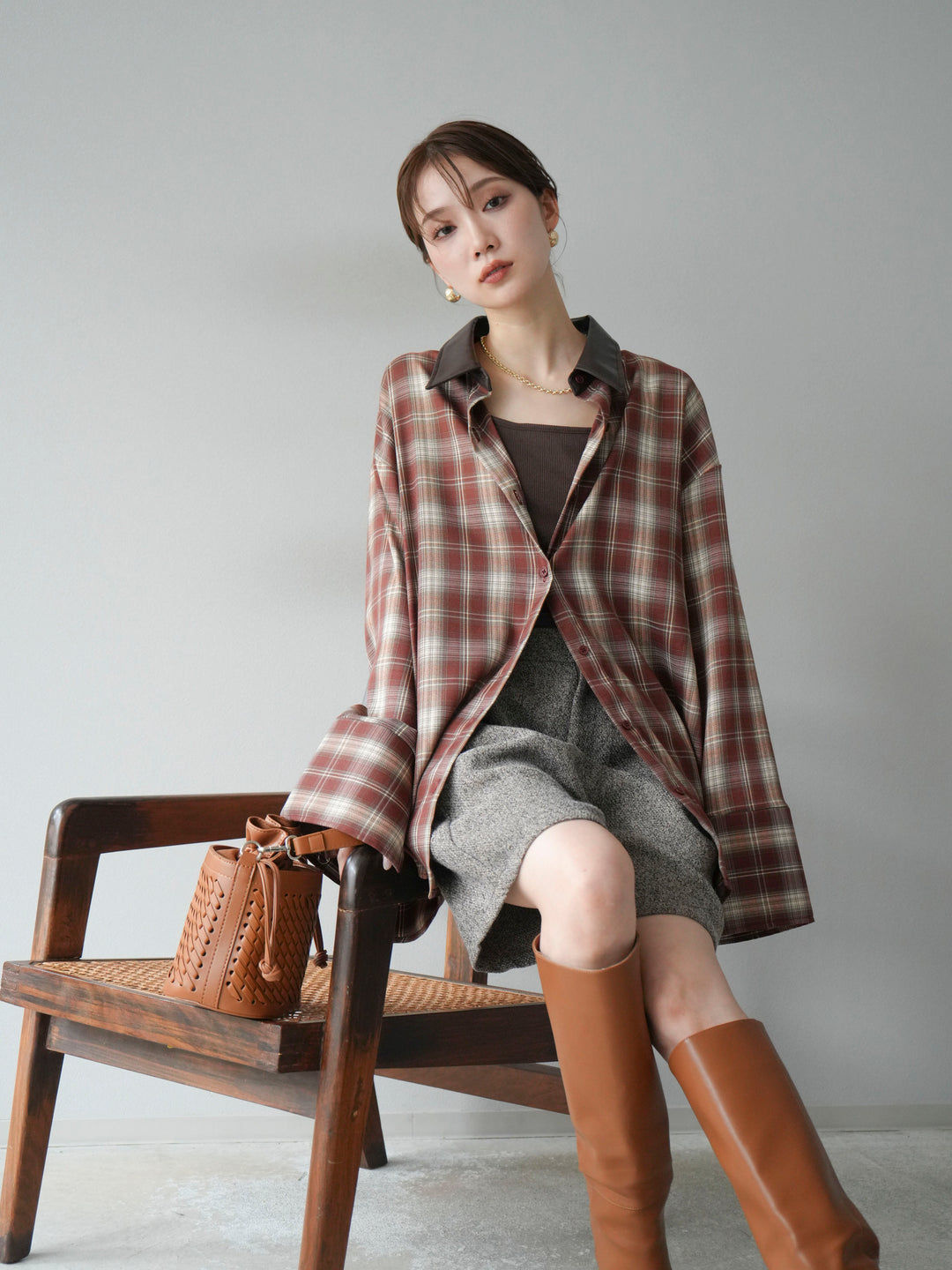 【着回しセット】[SET]レザー襟オンブレチェックオーバーシャツ +クラッシュベロアナロースカート+ツイードハーフパンツ(3set)