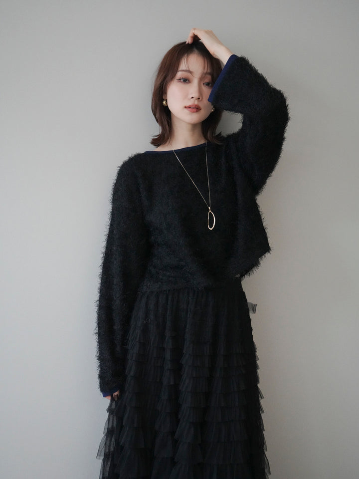 [予約]バイカラー2WAYシャギーニットカーディガン/black