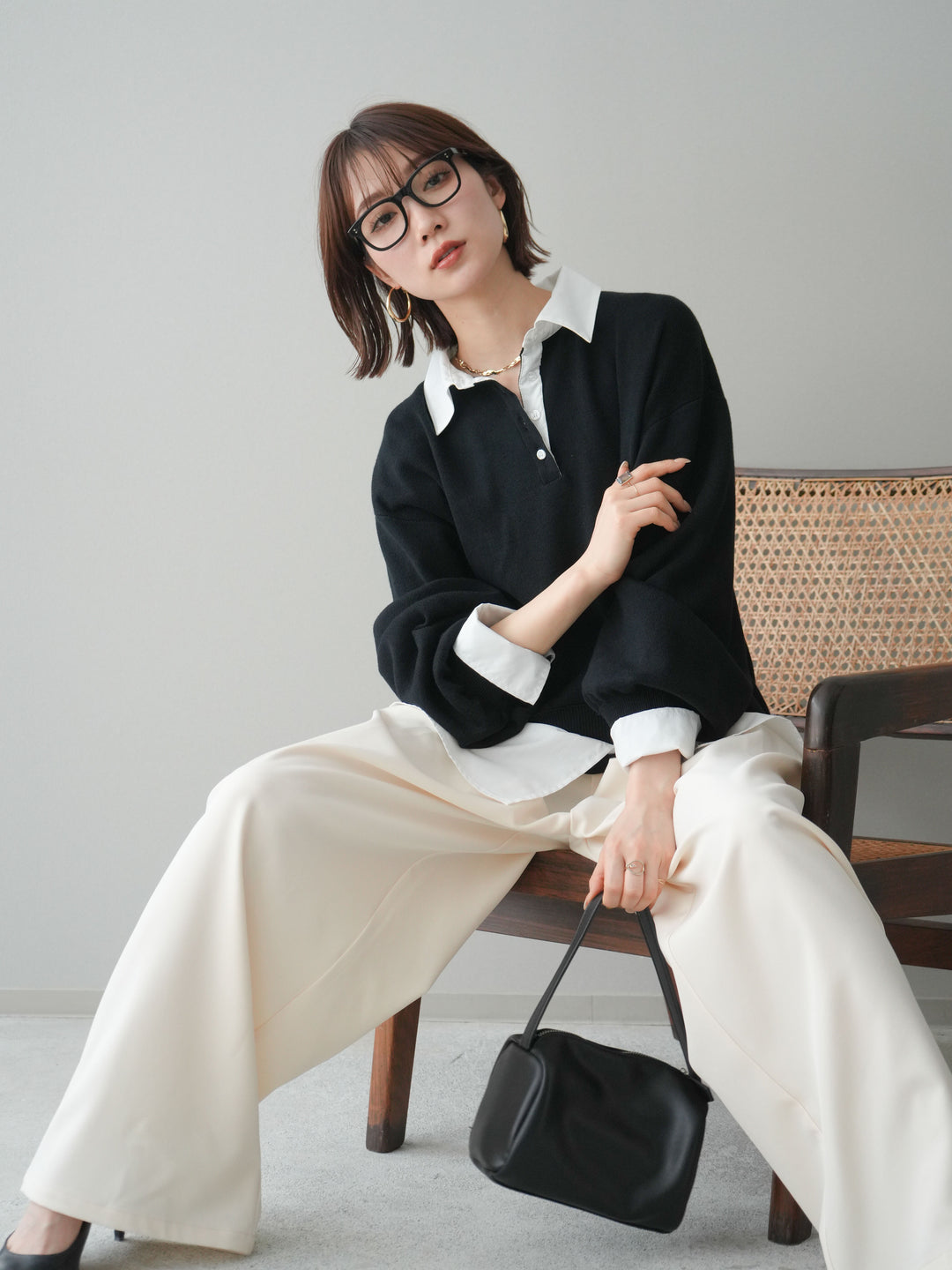 [予約]シャツドッキングオーバーニットプルオーバー/blackoff