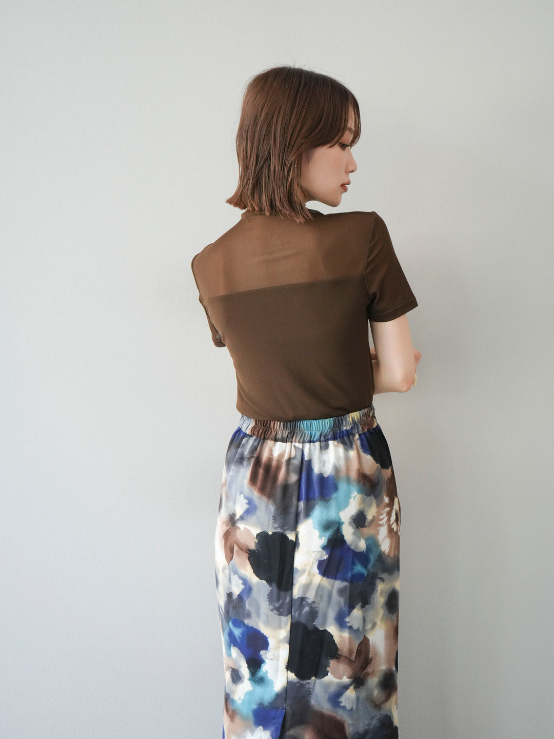 [SET] 透視半袖上衣 + 水彩印花褶襉I字裙 (2set)