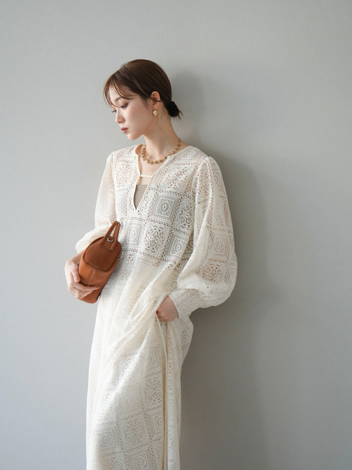 【套裝】塊蕾絲捲袖洋裝+塊蕾絲寬褲（2套）