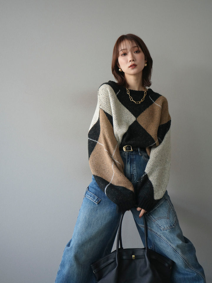 [予約]配色ステッチアーガイル柄ニットプルオーバー/black