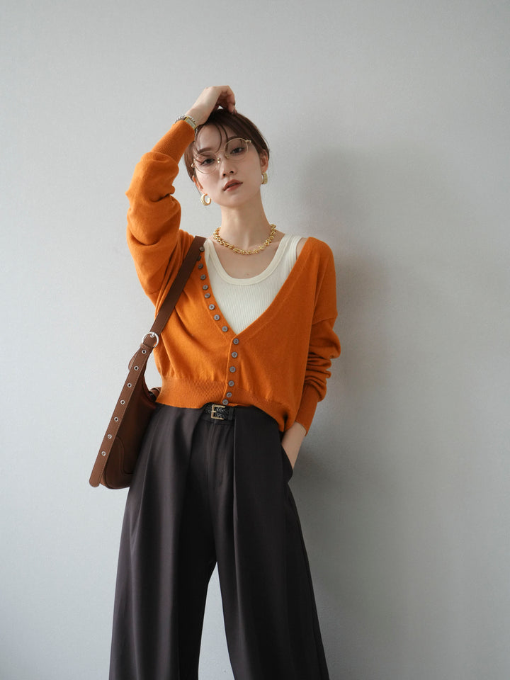 [SET]デザインボタンニットカーディガン＆タンクトップSET+ベルトループデザインワイドパンツ(2set)