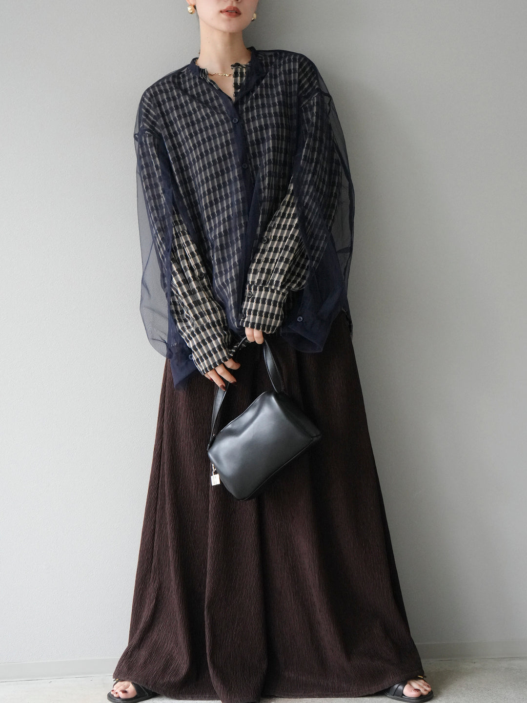 [予約]2WAYスリーブチュールシャツ/ネイビー