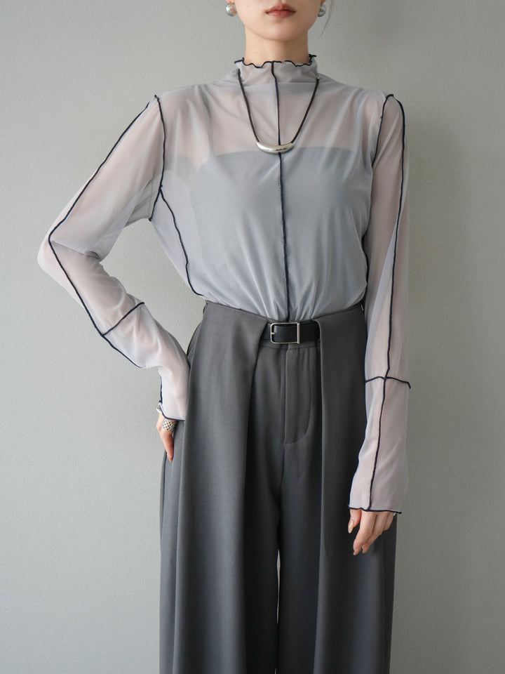 [予約]シアーパイピングカットソー/ライトグレー×ネイビー