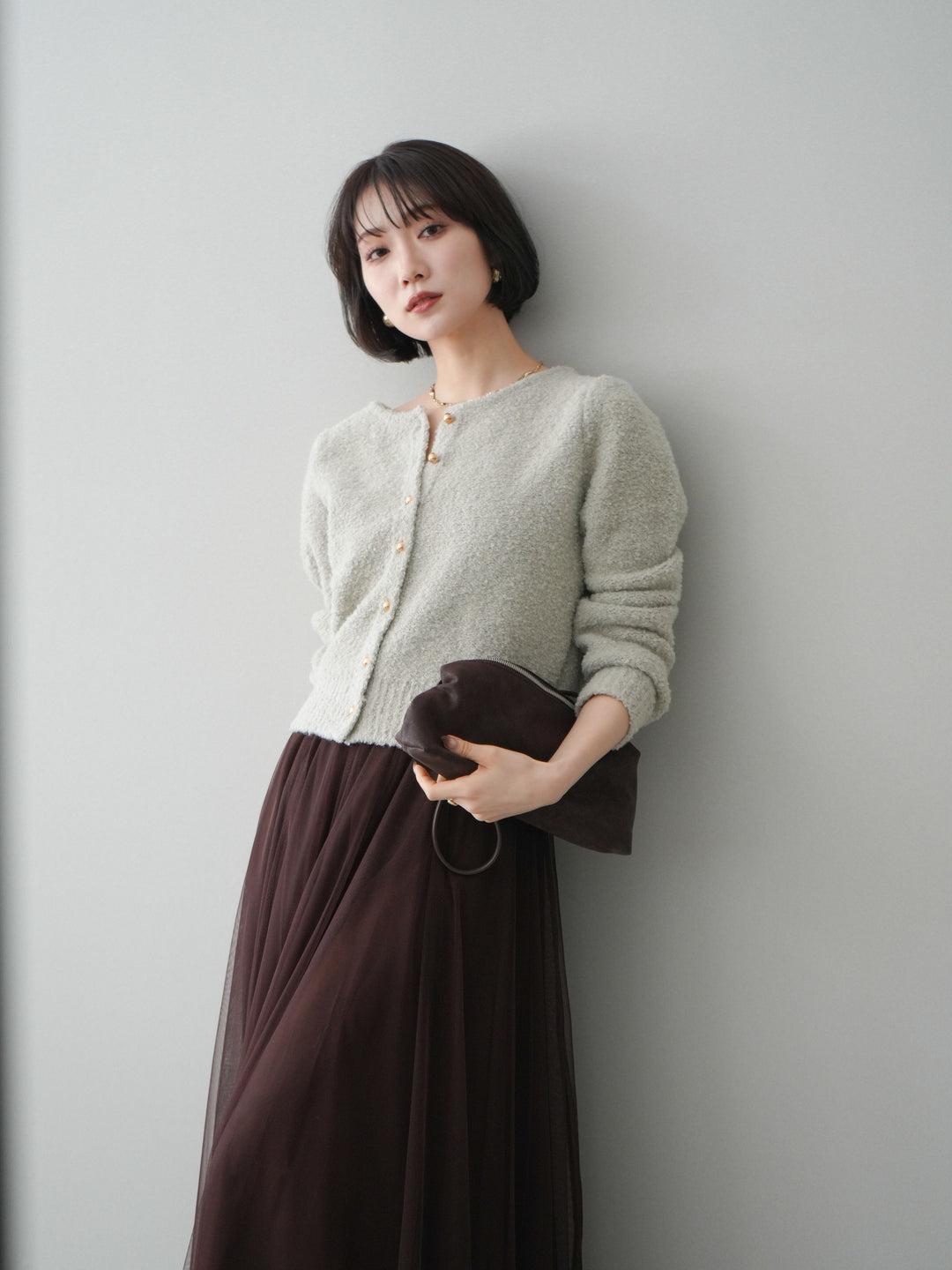 [SET]ゴールドボタンブークレニットカーディガン+チュールボリュームスカート(2set)