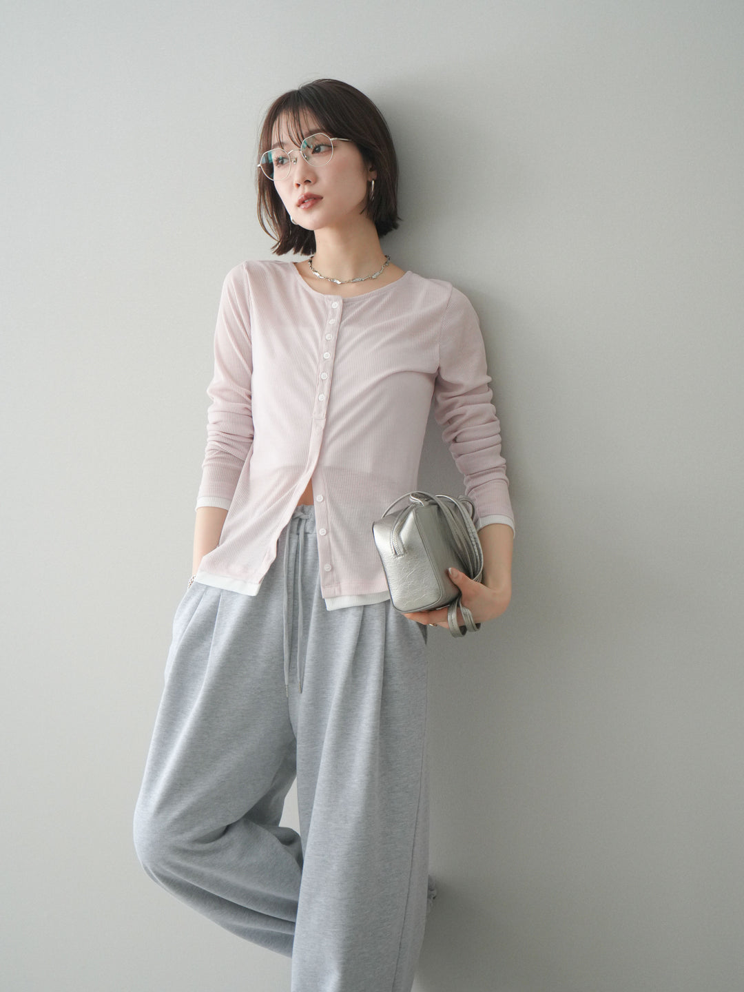 [予約]シアーリブバイカラーカーディガン/pink