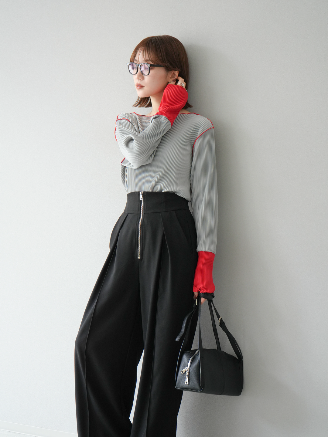 [予約]バイカラープリーツトップス/グレー