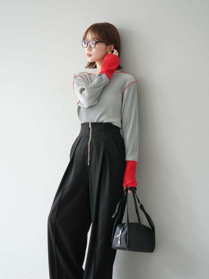 [予約]バイカラープリーツトップス/グレー