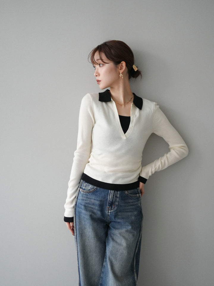 [予約]レイヤード配色ポロニットトップス/beige