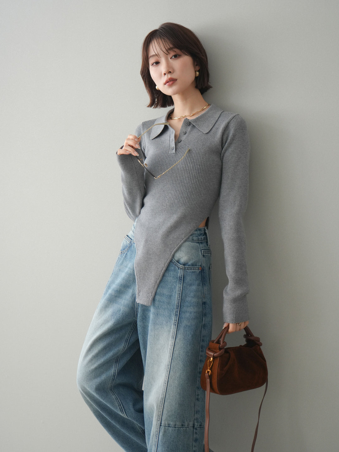 [予約]リブポロニットボディスーツ/mokugray