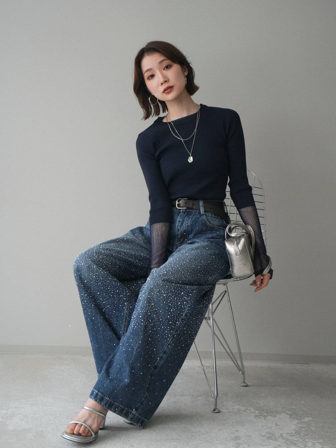 [SET]リブラメシアー切替リブニットトップス+ラインストーンカーブデニムパンツ(2set)