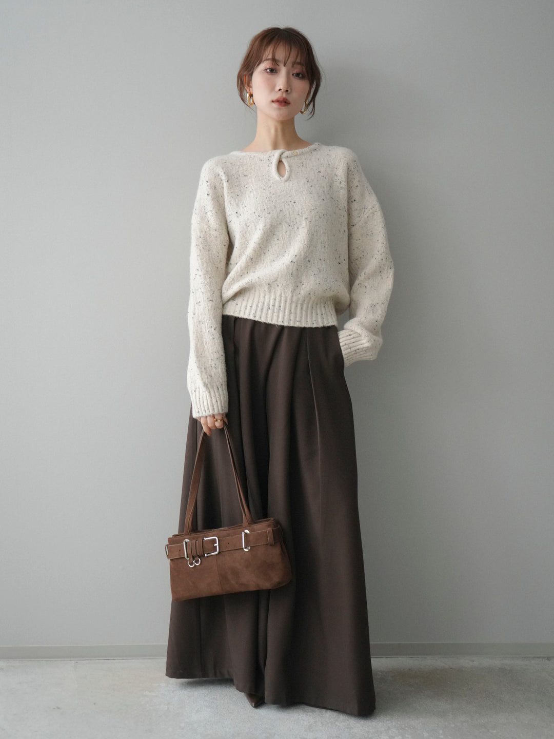 [SET]ツイストネックラメネップヤーンニットプルオーバー+テープベルトタックバギーパンツ(2set)