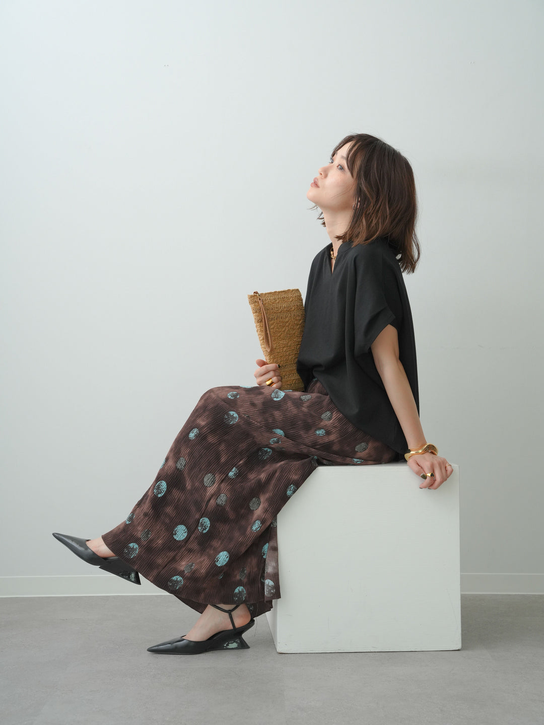 [SET]スキッパードルマンカットソー+ドットフラワープリントIラインギャザースカート(2set)