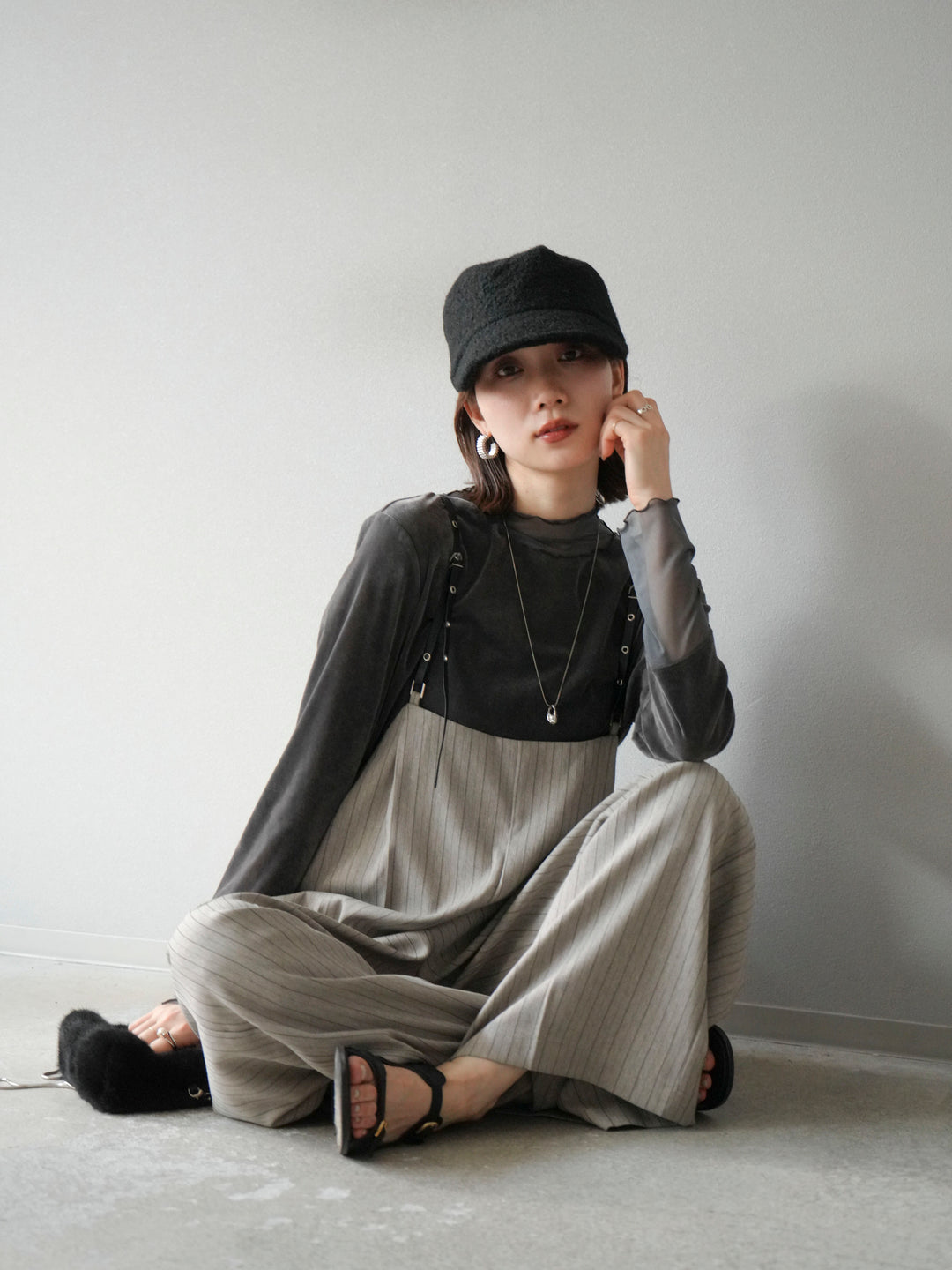 【着回しセット】[SET]ヘリンボーンストライプジレ+シアー切替ベロアトップス+ヘリンボーンストライプサロペット(3set)