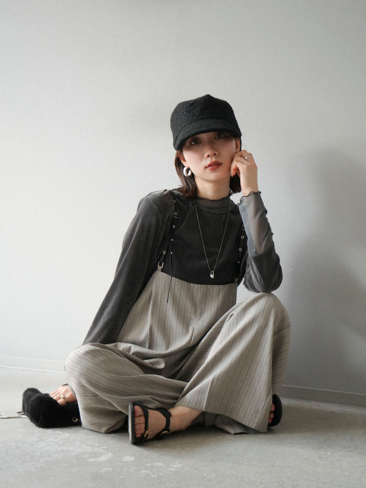 【着回しセット】[SET]ヘリンボーンストライプジレ+シアー切替ベロアトップス+ヘリンボーンストライプサロペット(3set)