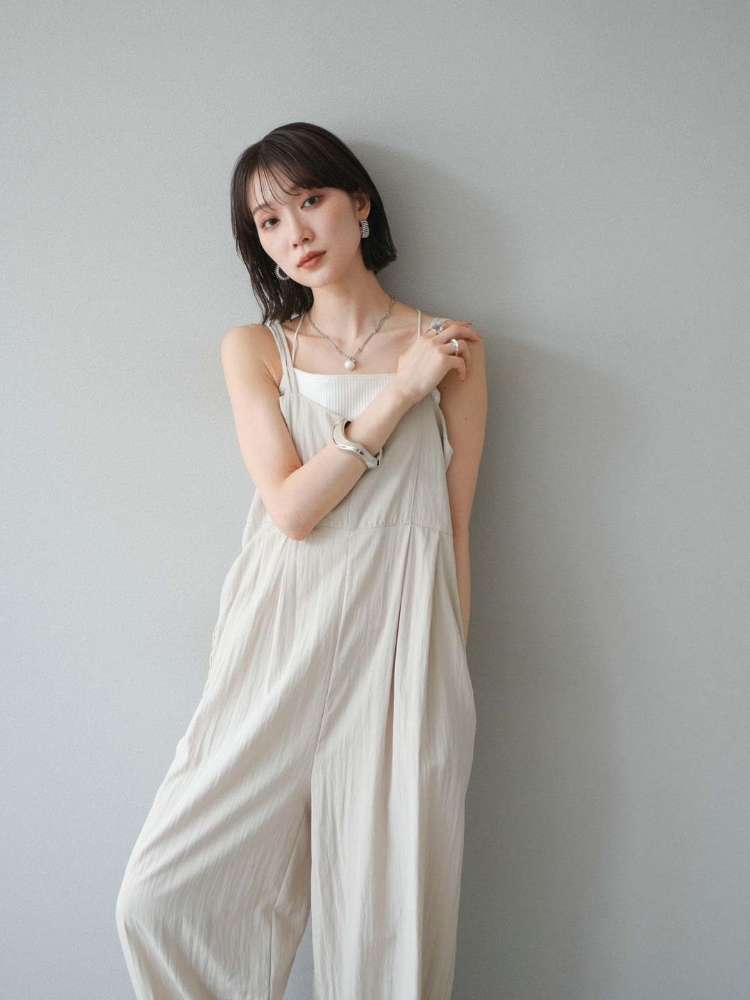 [SET]リネンライクビスチェデザインサロペット+ダブルストラップカットリブブラキャミソール(2set)